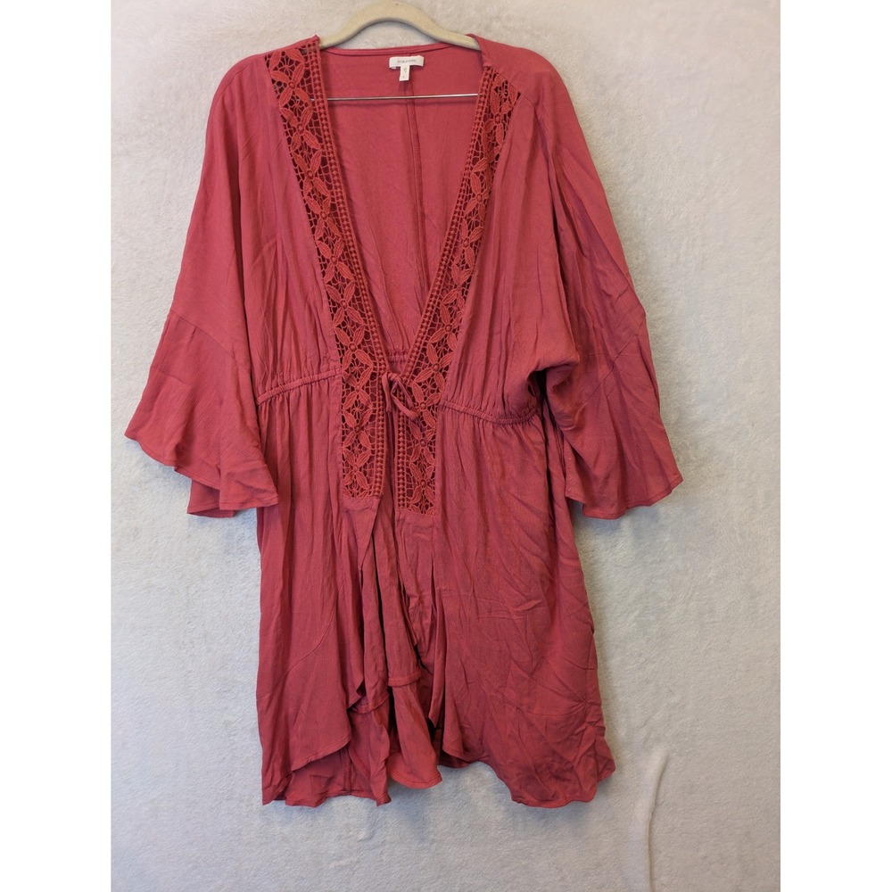 Maurices Women's Size L Rust Red Crochet Lace Trim Boho Kimono Cardigan